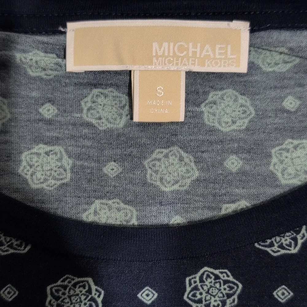 Michael Kors Top Small Navy Long Sleeve Printed Blouse